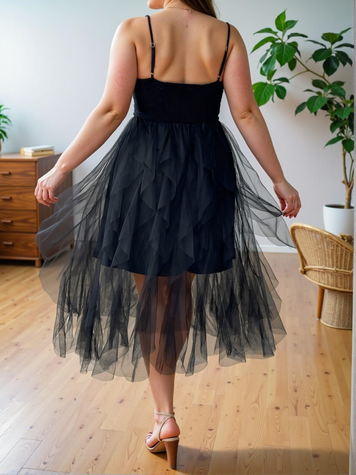 Elegant Black Casual Midi Dress with Asymmetrical Contrast Mesh for Summer - Chic, Classy and Trendy Fashion Style to Dress to Impress - Image 2
