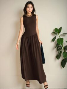Elegant Coffee Brown Chic Maxi Dress with Round Neck and Ruched Waist for Spring and Summer – Chic, Classy and Trendy Fashion Style to Dress to Impress