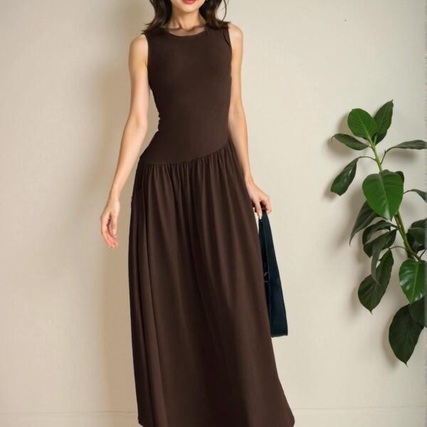 Elegant Coffee Brown Chic Maxi Dress with Round Neck and Ruched Waist for Spring and Summer – Chic, Classy and Trendy Fashion Style to Dress to Impress