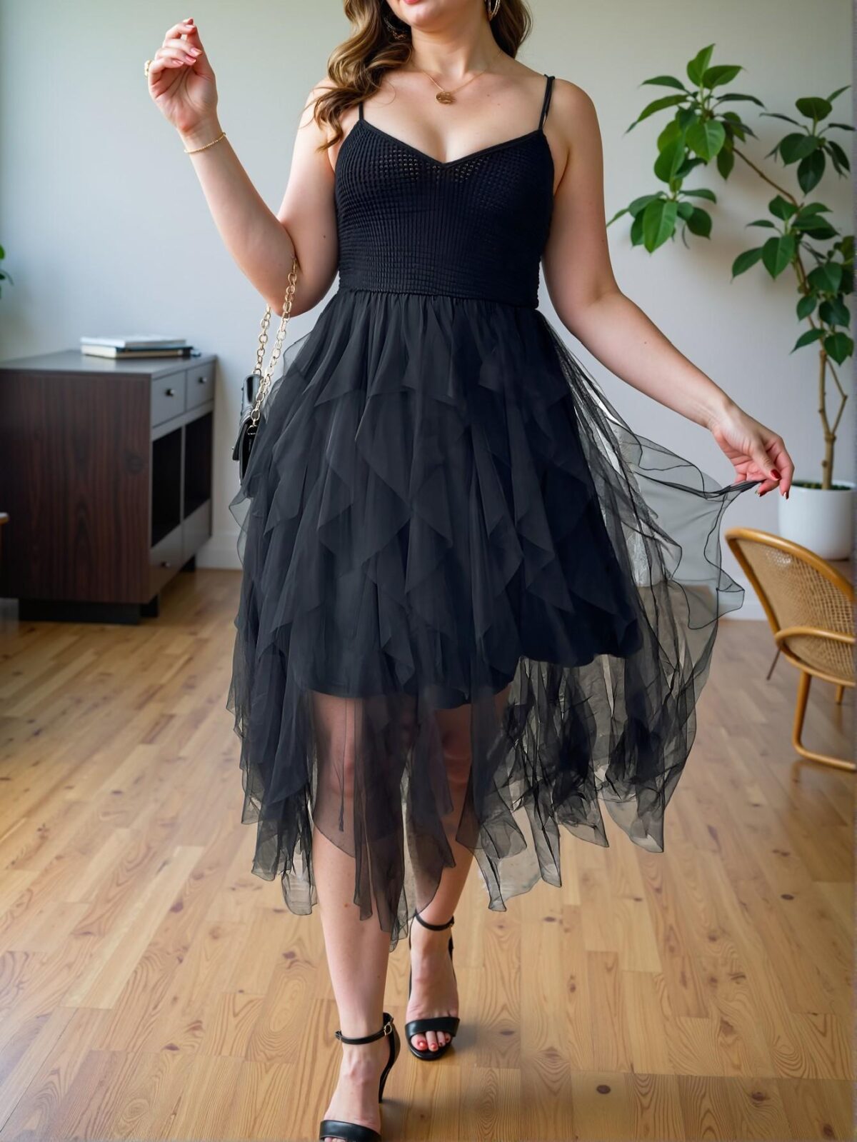 Elegant Black Casual Midi Dress with Asymmetrical Contrast Mesh for Summer - Chic, Classy and Trendy Fashion Style to Dress to Impress - Image 3