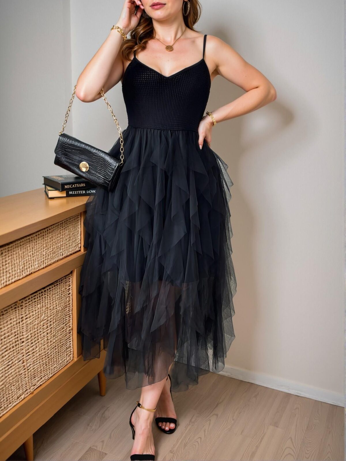 Elegant Black Casual Midi Dress with Asymmetrical Contrast Mesh for Summer - Chic, Classy and Trendy Fashion Style to Dress to Impress - Image 4