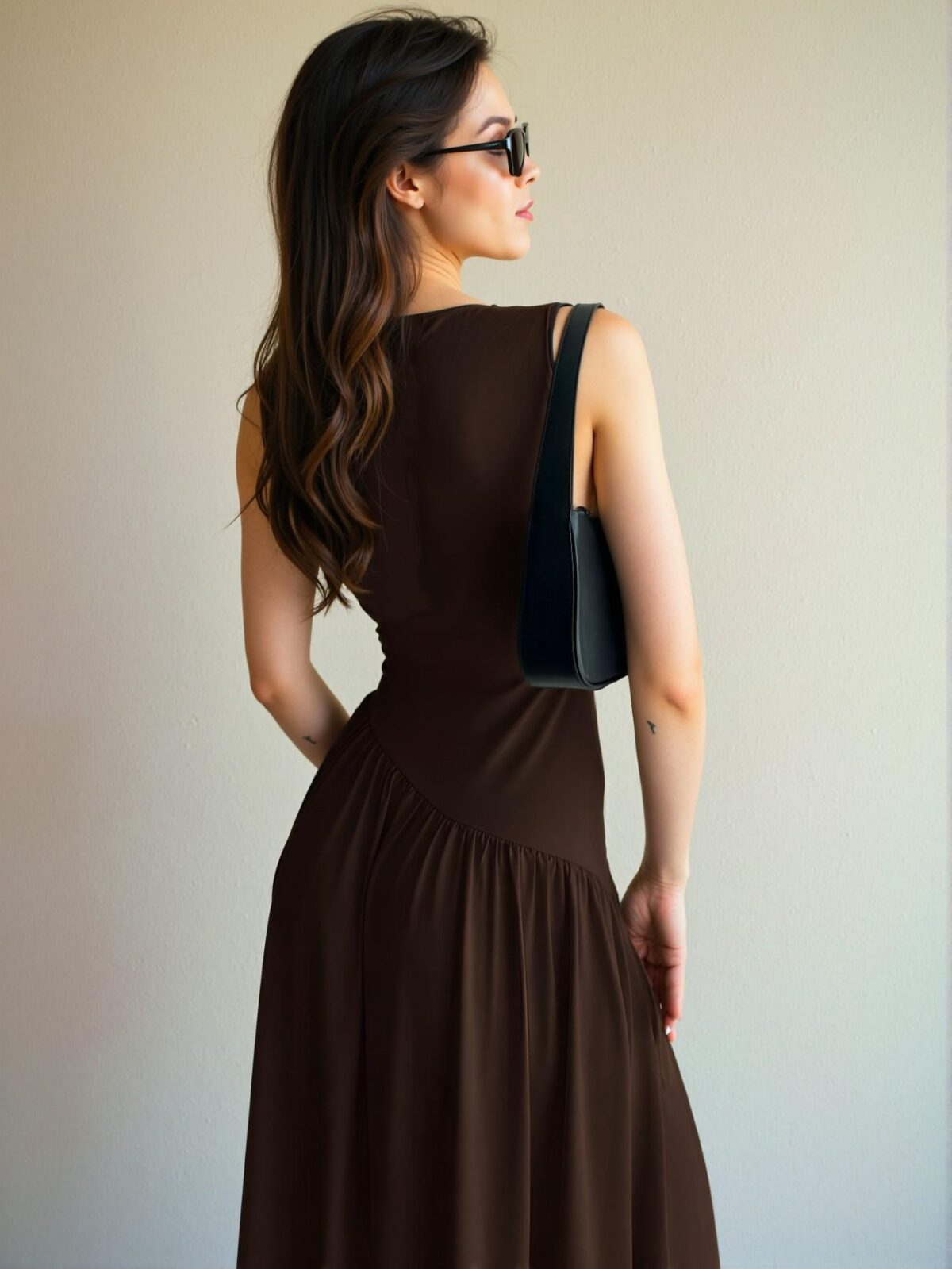 Elegant Coffee Brown Chic Maxi Dress with Round Neck and Ruched Waist for Spring and Summer – Chic, Classy and Trendy Fashion Style to Dress to Impress - Image 2