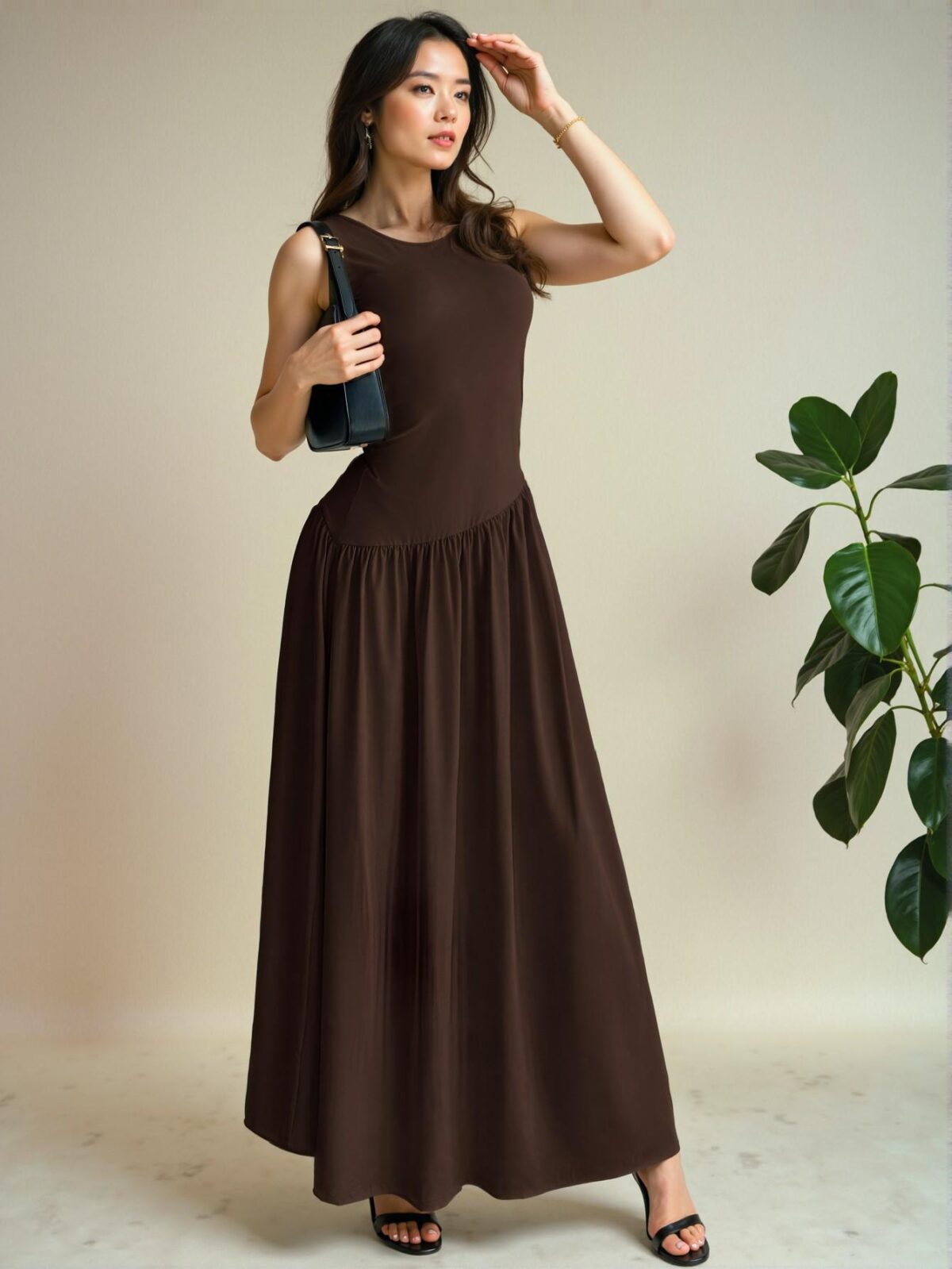 Elegant Coffee Brown Chic Maxi Dress with Round Neck and Ruched Waist for Spring and Summer – Chic, Classy and Trendy Fashion Style to Dress to Impress - Image 3