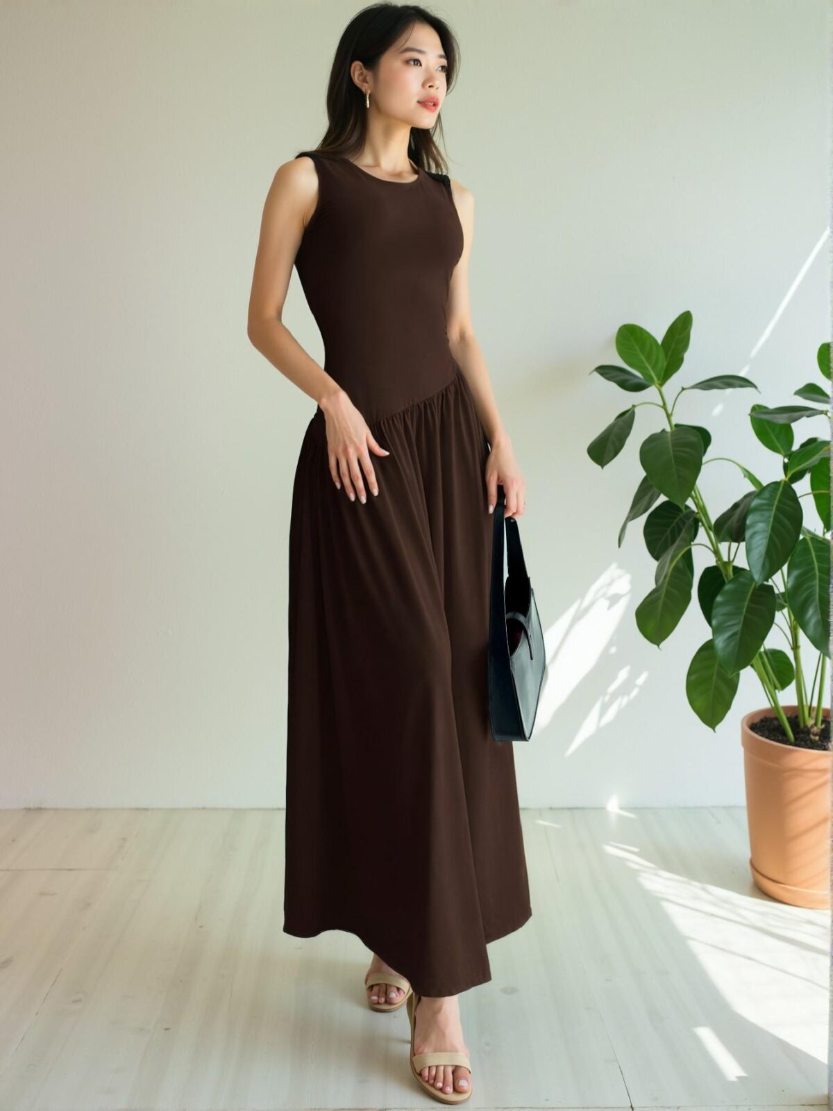 Elegant Coffee Brown Chic Maxi Dress with Round Neck and Ruched Waist for Spring and Summer – Chic, Classy and Trendy Fashion Style to Dress to Impress - Image 4