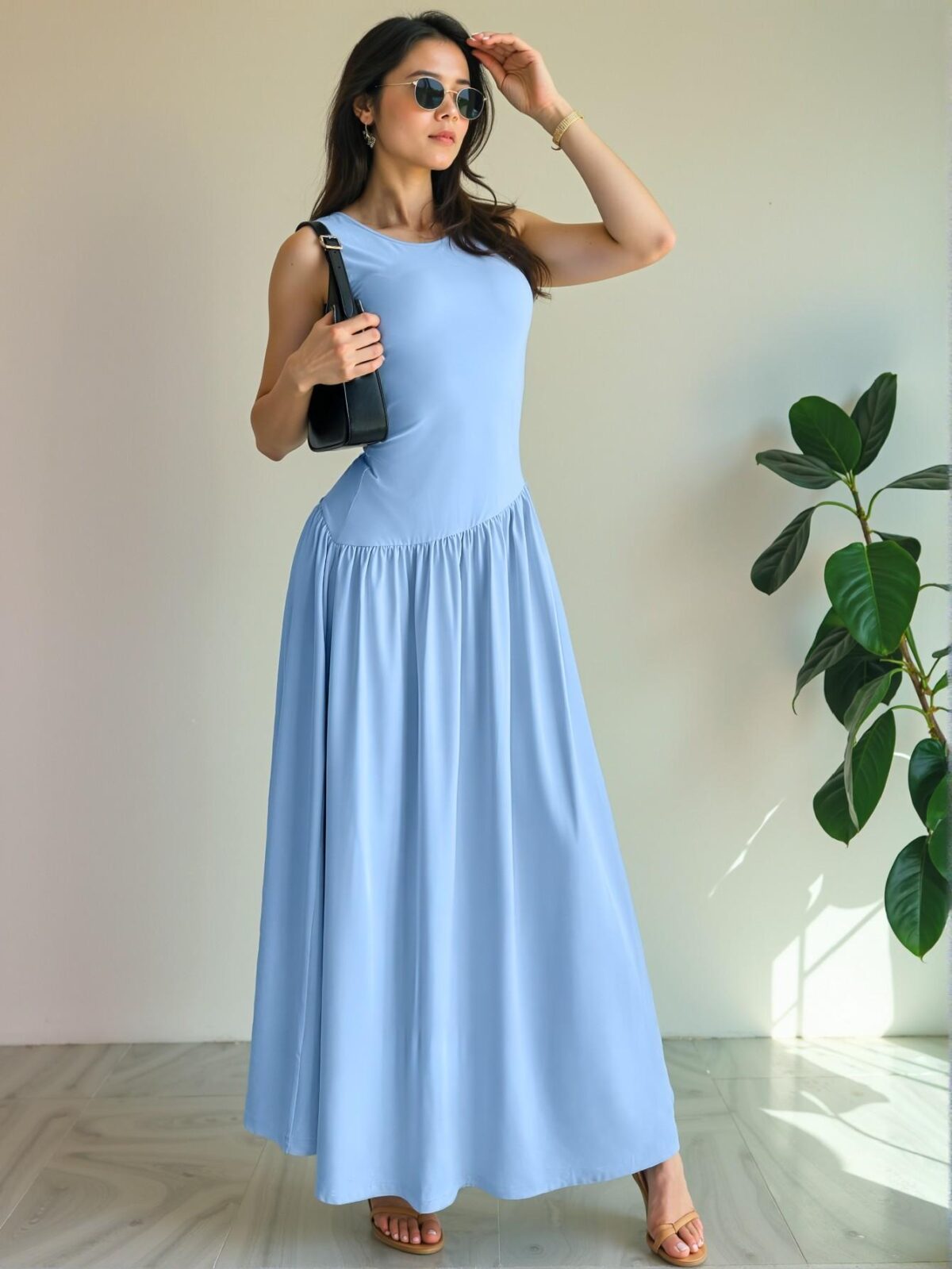 Elegant Baby Blue Stylish Ruched Sleeveless Maxi Dress for Warm Weather Occasions Chic, Classy and Trendy Fashion Style to Dress to Impress