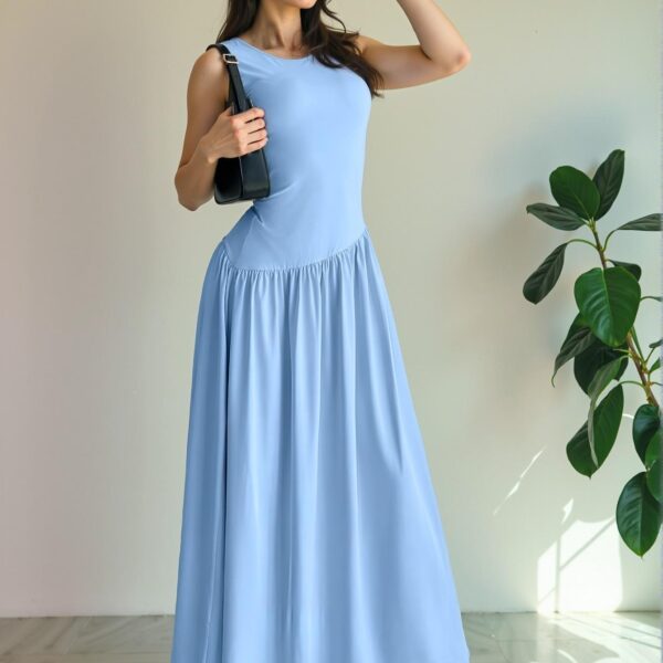 Elegant Baby Blue Stylish Ruched Sleeveless Maxi Dress for Warm Weather Occasions Chic, Classy and Trendy Fashion Style to Dress to Impress