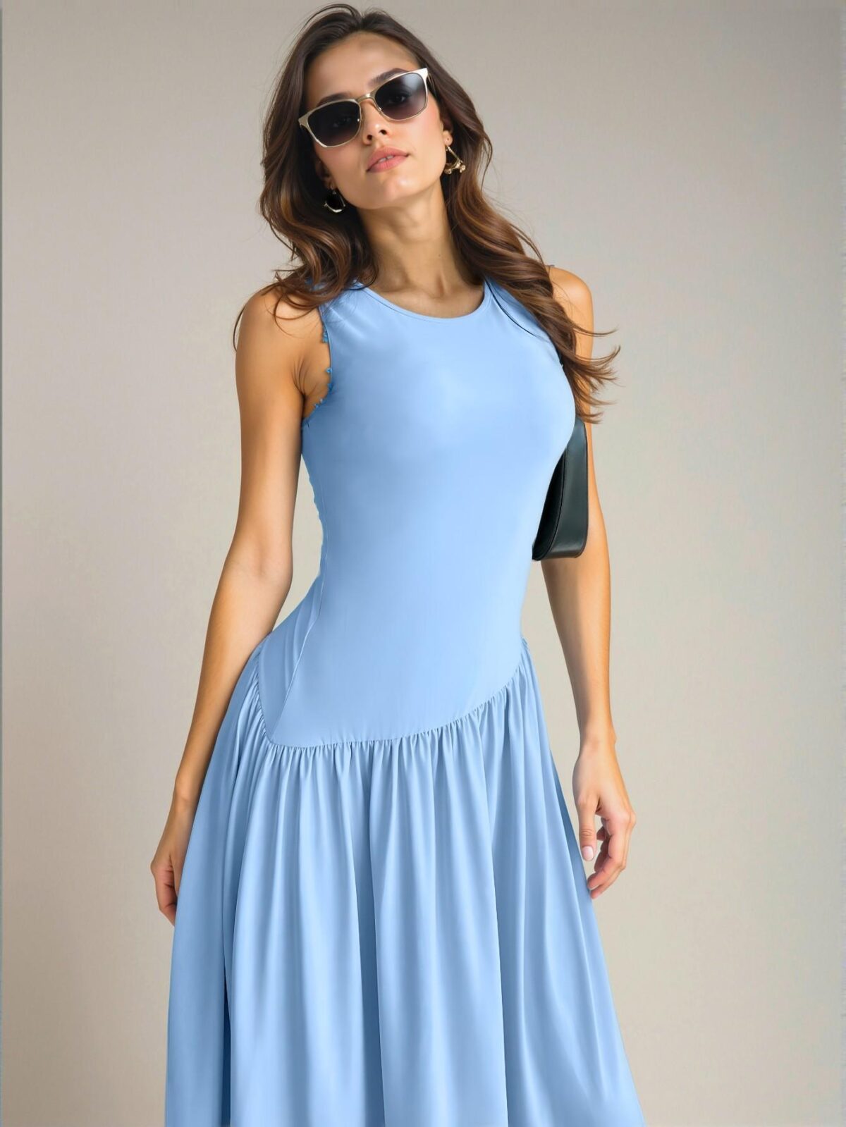 Elegant Baby Blue Stylish Ruched Sleeveless Maxi Dress for Warm Weather Occasions Chic, Classy and Trendy Fashion Style to Dress to Impress - Image 4