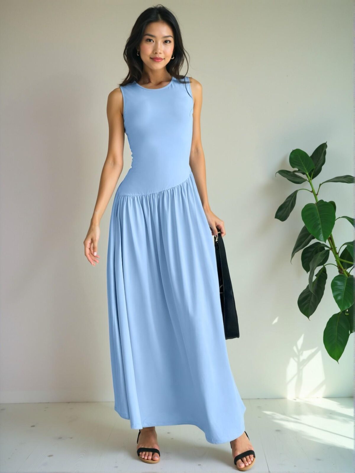 Elegant Baby Blue Stylish Ruched Sleeveless Maxi Dress for Warm Weather Occasions Chic, Classy and Trendy Fashion Style to Dress to Impress - Image 5