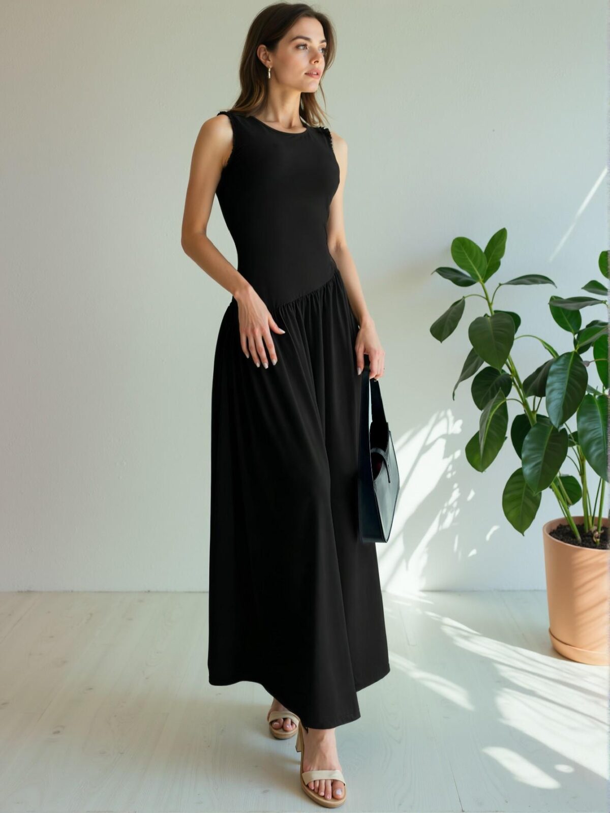 Elegant Black Fashionable Long Dress with Sleeveless Design and Ruched Waist for Casual Spring and Summer Outings - Chic, Classy and Trendy Fashion Style to Dress to Impress - Image 3