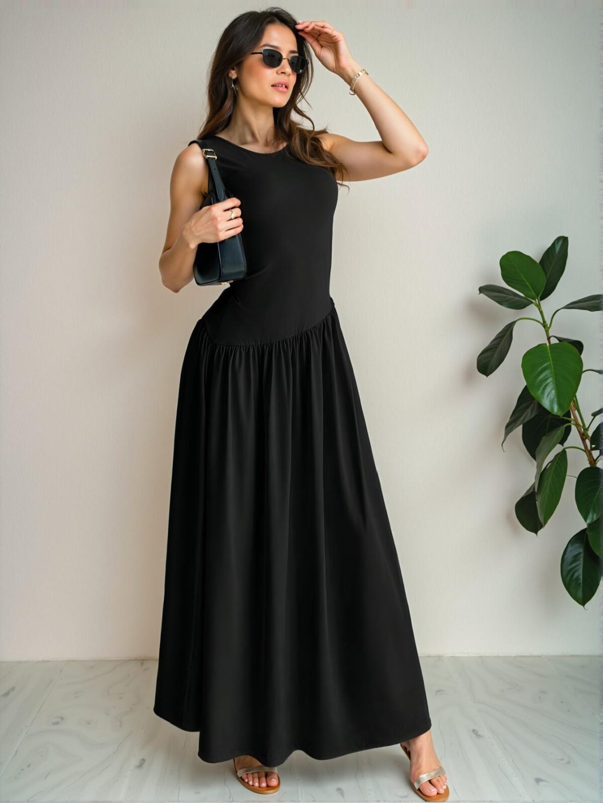 Elegant Black Fashionable Long Dress with Sleeveless Design and Ruched Waist for Casual Spring and Summer Outings - Chic, Classy and Trendy Fashion Style to Dress to Impress - Image 4