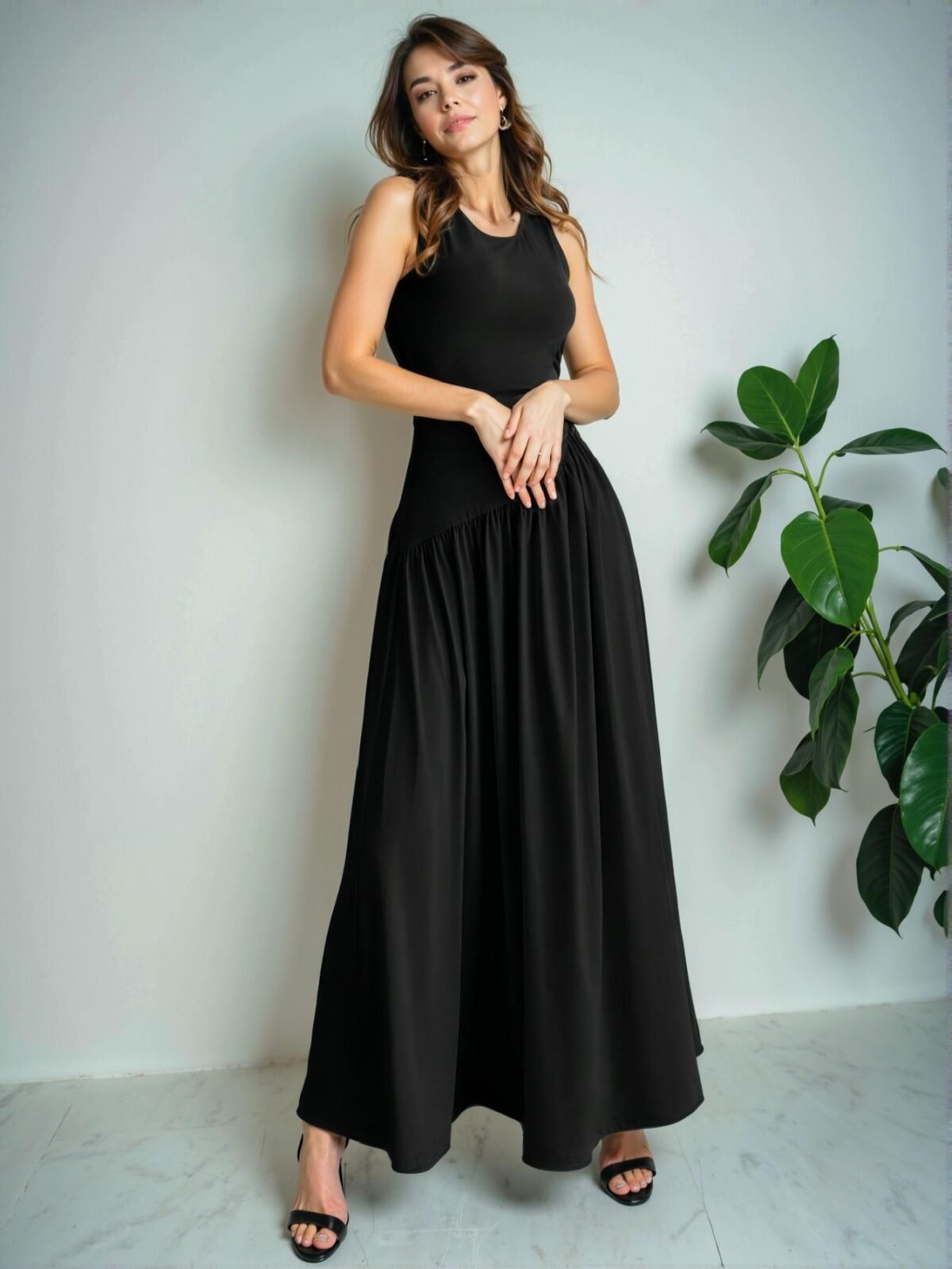 Elegant Black Fashionable Long Dress with Sleeveless Design and Ruched Waist for Casual Spring and Summer Outings - Chic, Classy and Trendy Fashion Style to Dress to Impress - Image 5