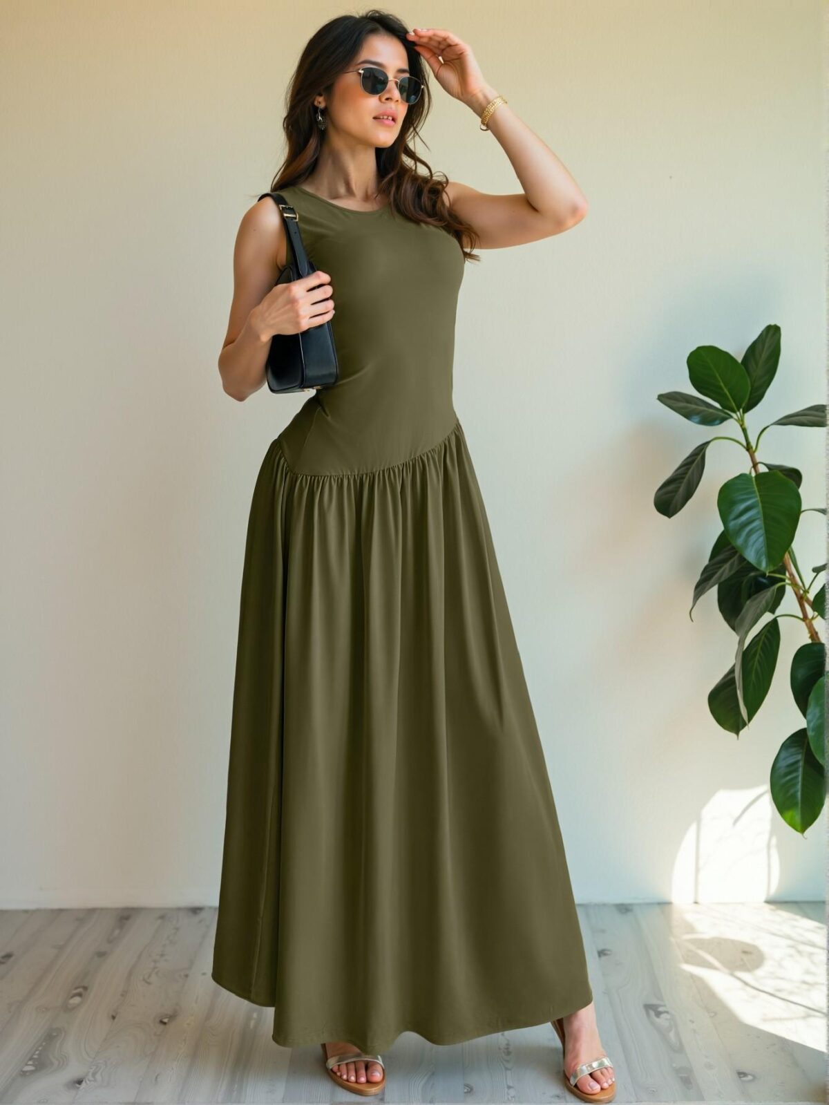 Elegant Army Green Casual Sleeveless Maxi Dress with Ruched Waist Perfect for Spring and Summer - Chic, Classy and Trendy Fashion Style to Dress to Impress
