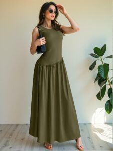 Elegant Army Green Casual Sleeveless Maxi Dress with Ruched Waist Perfect for Spring and Summer - Chic, Classy and Trendy Fashion Style to Dress to Impress