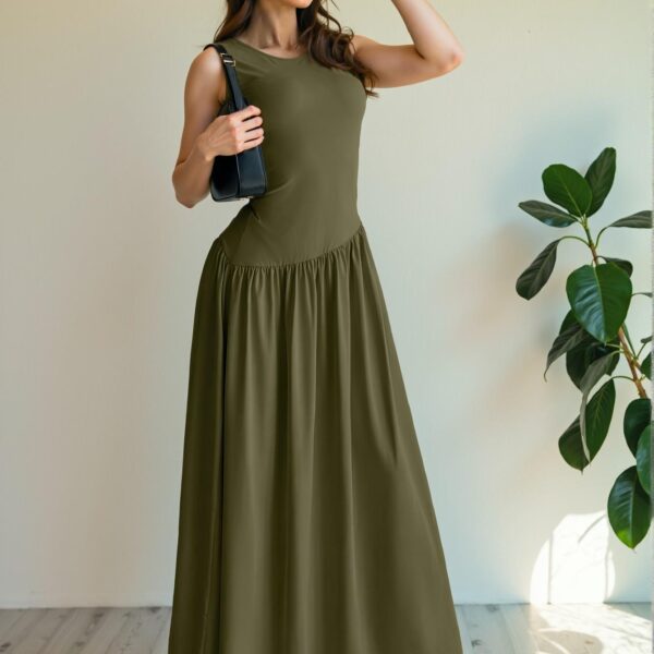 Elegant Army Green Casual Sleeveless Maxi Dress with Ruched Waist Perfect for Spring and Summer - Chic, Classy and Trendy Fashion Style to Dress to Impress
