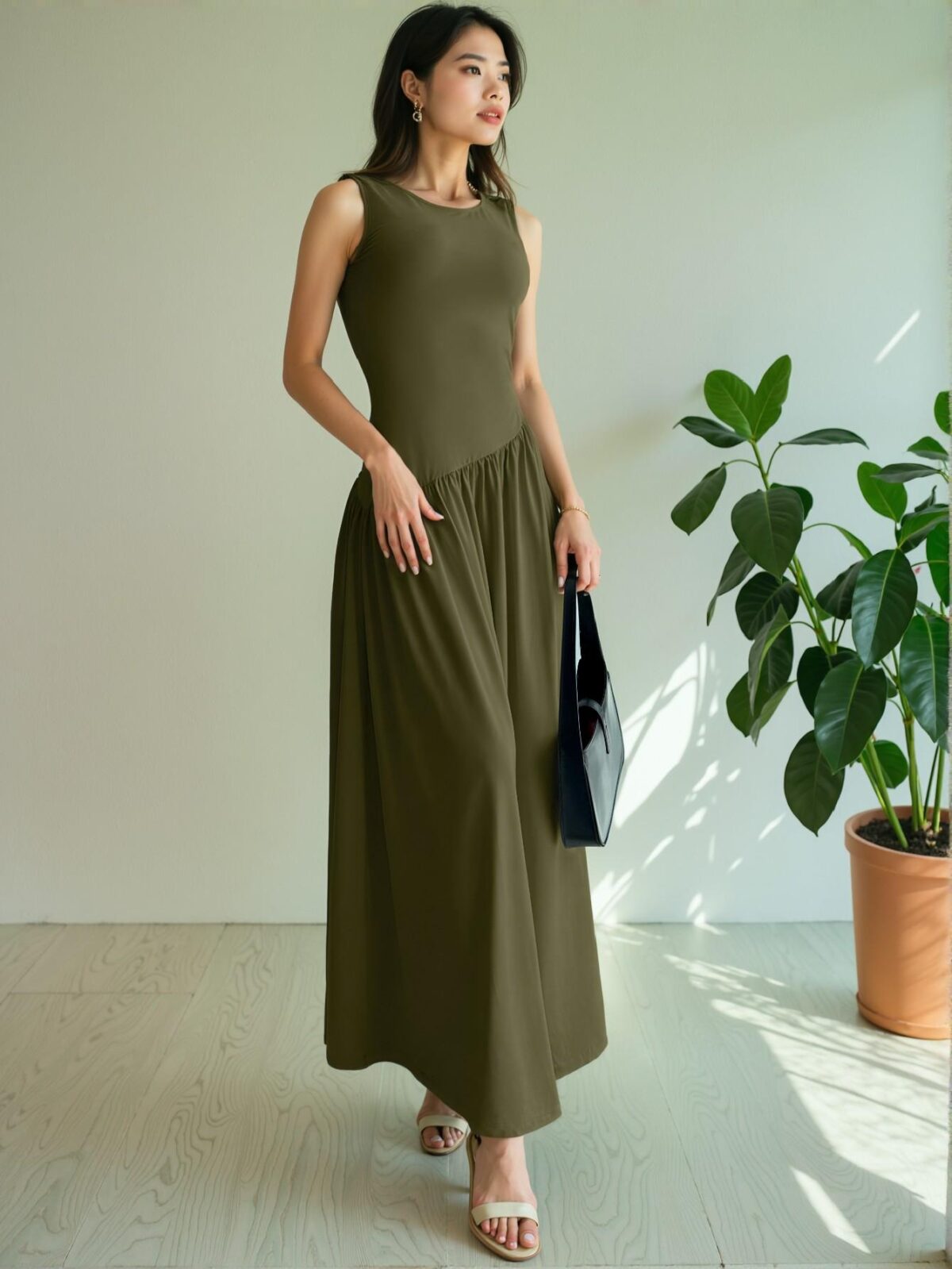 Elegant Army Green Casual Sleeveless Maxi Dress with Ruched Waist Perfect for Spring and Summer - Chic, Classy and Trendy Fashion Style to Dress to Impress - Image 3