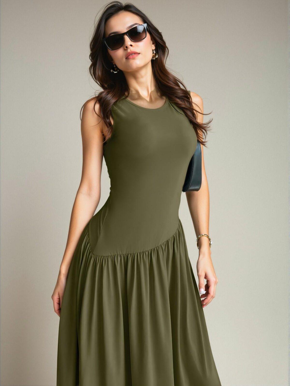 Elegant Army Green Casual Sleeveless Maxi Dress with Ruched Waist Perfect for Spring and Summer - Chic, Classy and Trendy Fashion Style to Dress to Impress - Image 4