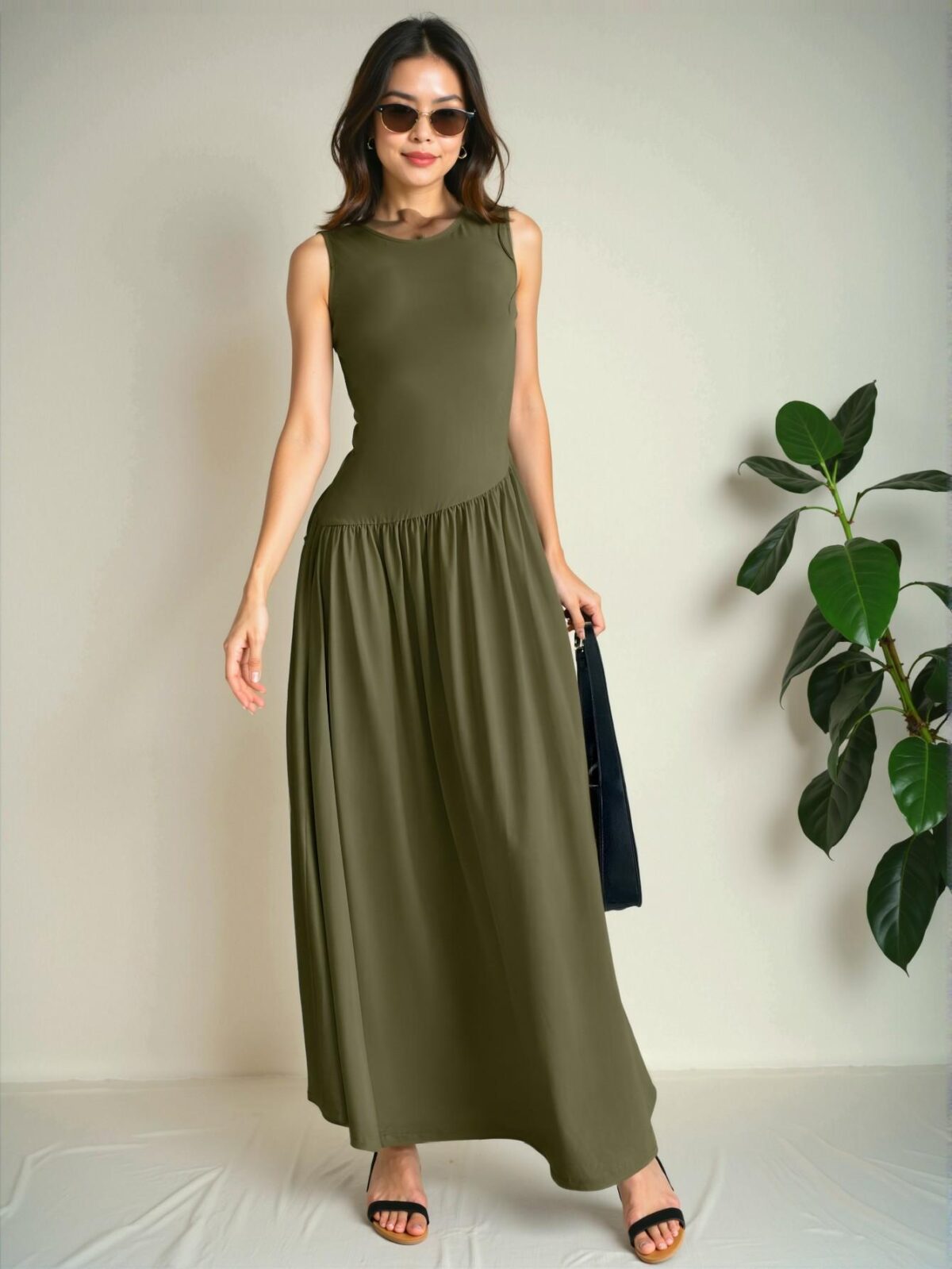 Elegant Army Green Casual Sleeveless Maxi Dress with Ruched Waist Perfect for Spring and Summer - Chic, Classy and Trendy Fashion Style to Dress to Impress - Image 5
