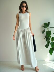 Elegant Apricot Stylish Round Neck Sleeveless Ruched Maxi Dress with Waist Belt for Spring and Summer - Chic, Classy and Trendy Fashion Style to Dress to Impress