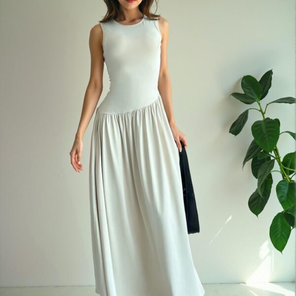 Elegant Apricot Stylish Round Neck Sleeveless Ruched Maxi Dress with Waist Belt for Spring and Summer - Chic, Classy and Trendy Fashion Style to Dress to Impress