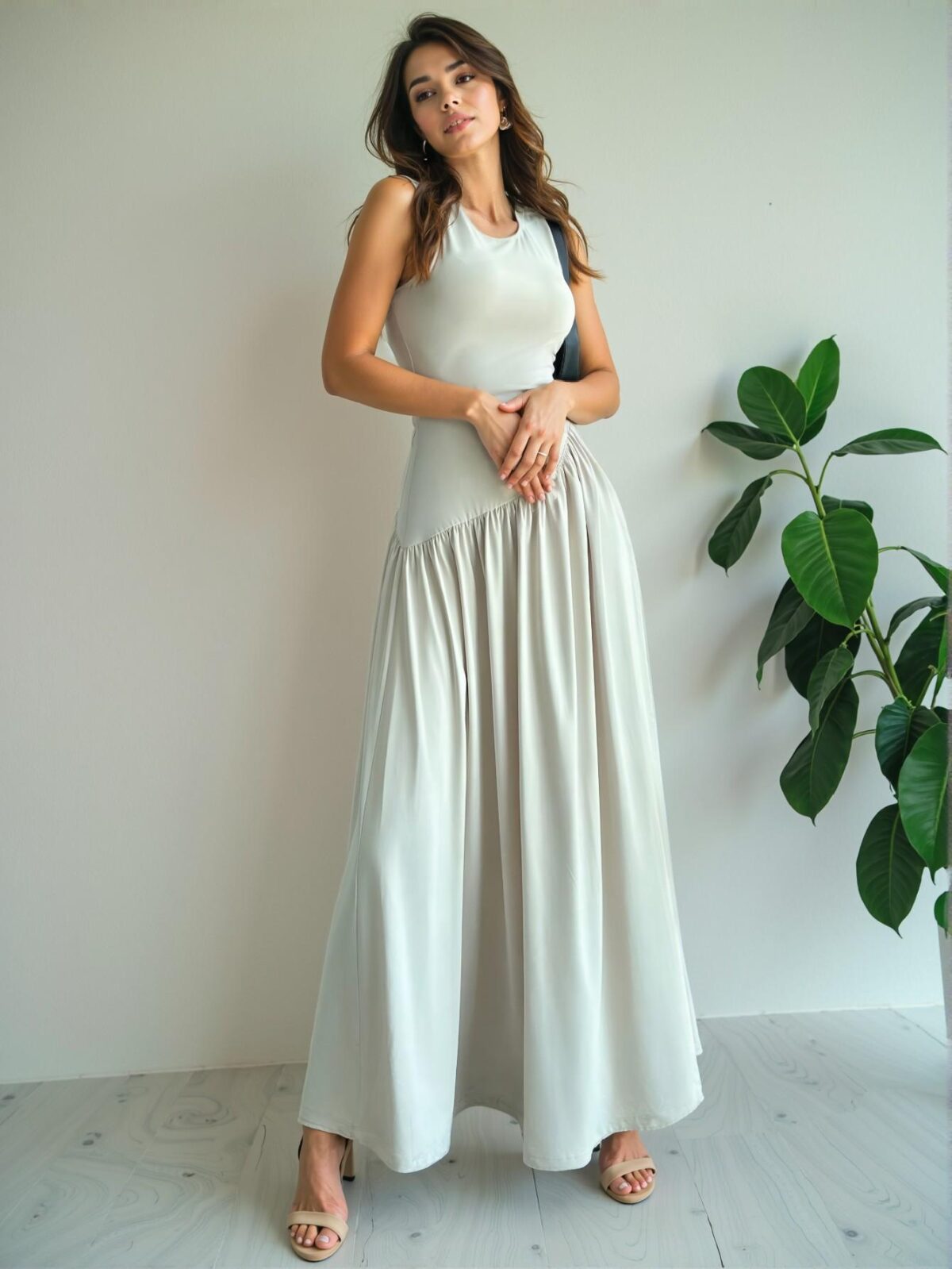 Elegant Apricot Stylish Round Neck Sleeveless Ruched Maxi Dress with Waist Belt for Spring and Summer - Chic, Classy and Trendy Fashion Style to Dress to Impress - Image 3