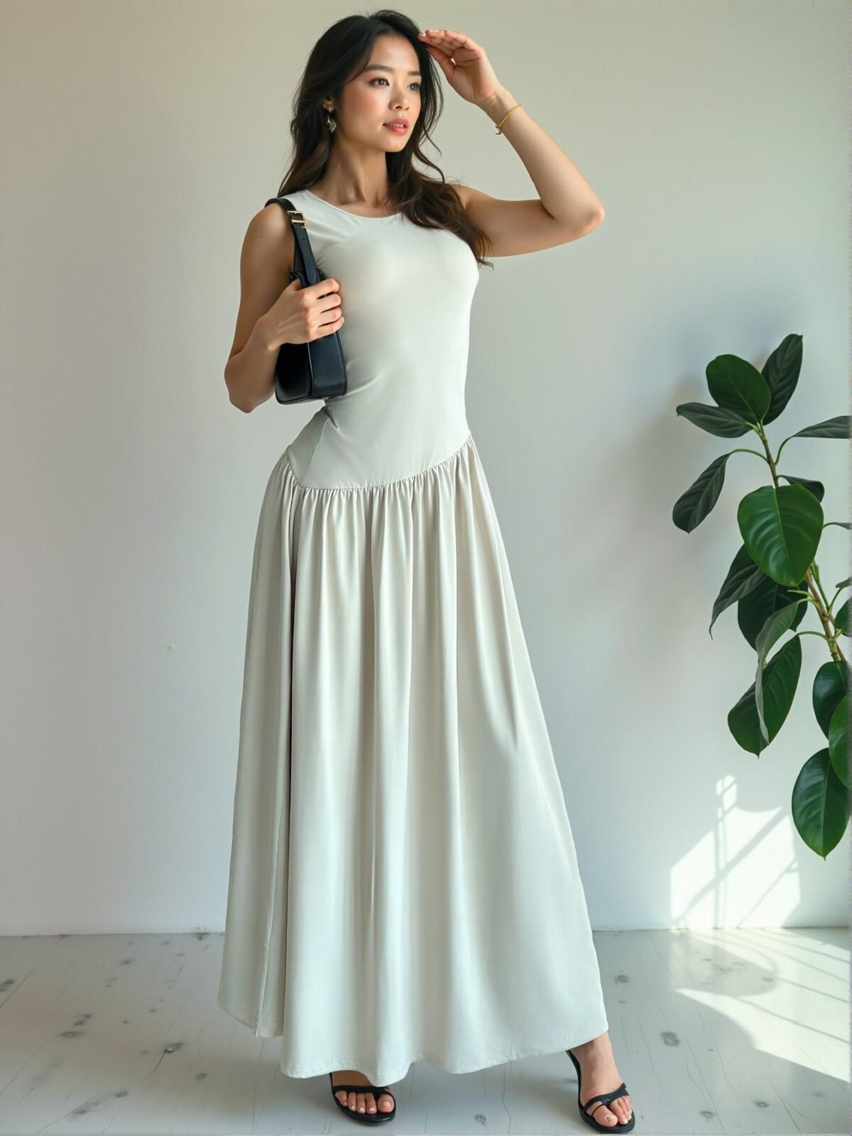 Elegant Apricot Stylish Round Neck Sleeveless Ruched Maxi Dress with Waist Belt for Spring and Summer - Chic, Classy and Trendy Fashion Style to Dress to Impress - Image 5