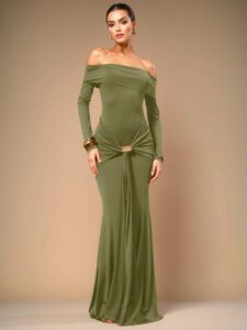 Elegant Army Green Off-the-Shoulder Long Sleeve Mermaid Maxi Dress for Formal Spring and Summer Events - Chic, Classy and Trendy Fashion Style to Dress to Impress