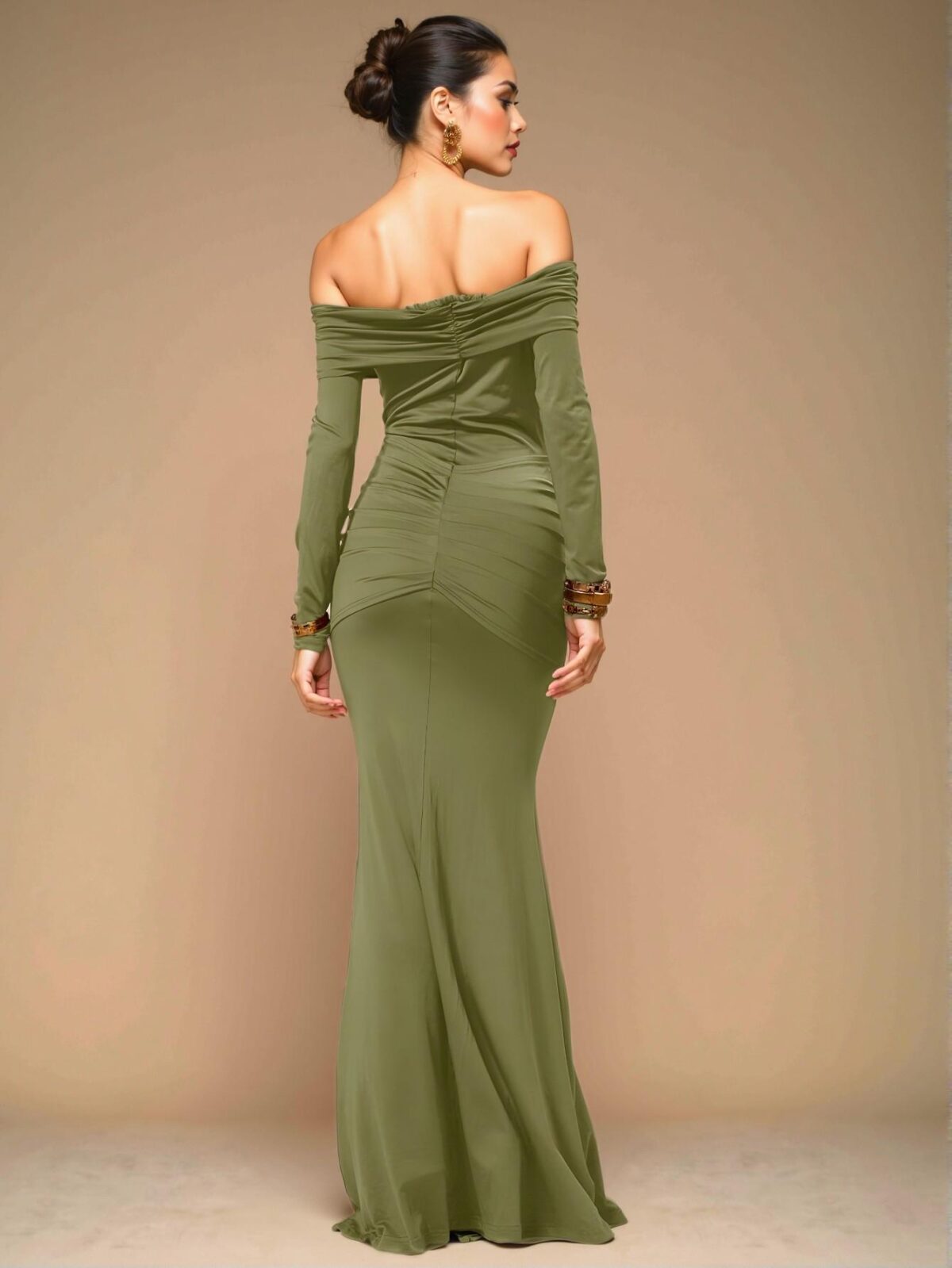 Elegant Army Green Off-the-Shoulder Long Sleeve Mermaid Maxi Dress for Formal Spring and Summer Events - Chic, Classy and Trendy Fashion Style to Dress to Impress - Image 2