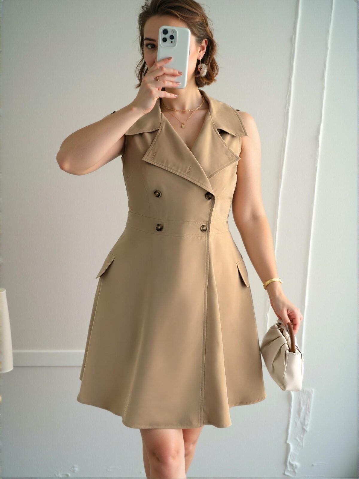 Elegant Brown A-Line Dress with Collared Double Breasted Design and Faux Pockets for Casual Office and Vacation Wear - Chic, Classy and Trendy Fashion Style to Dress to Impress - Image 5