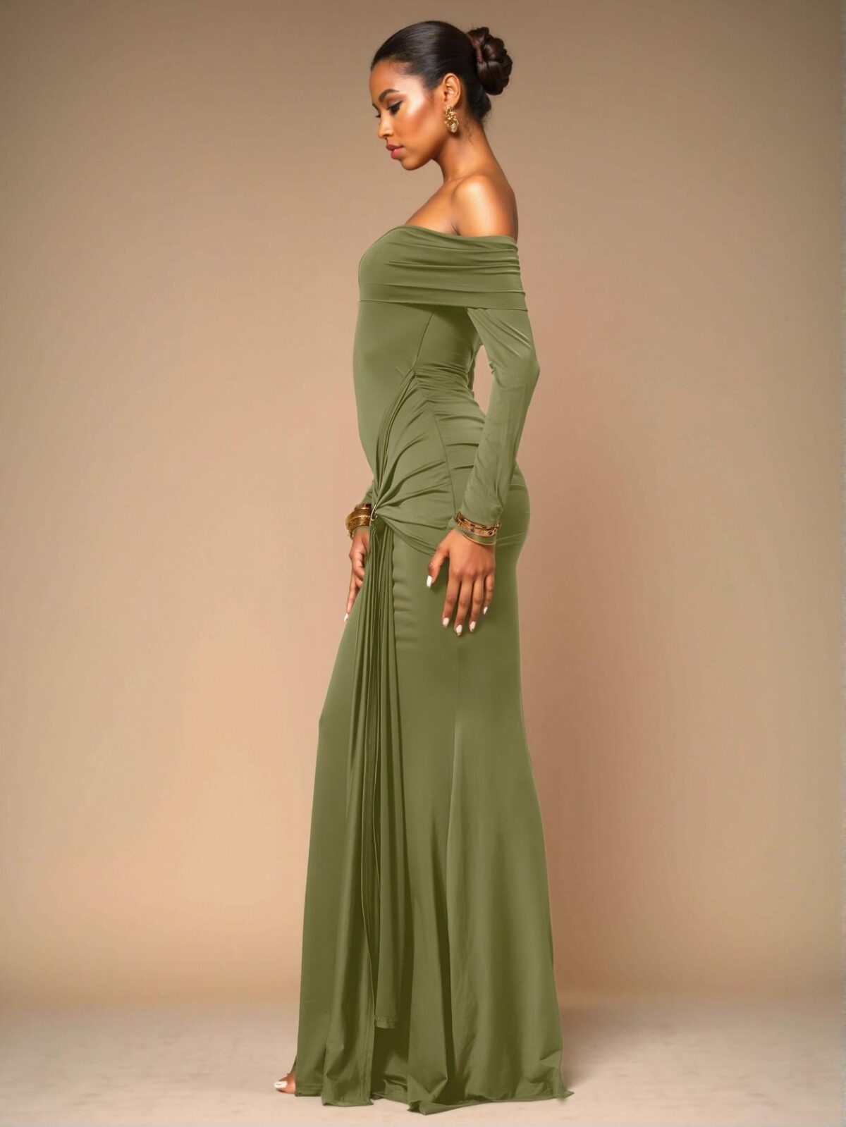 Elegant Army Green Off-the-Shoulder Long Sleeve Mermaid Maxi Dress for Formal Spring and Summer Events - Chic, Classy and Trendy Fashion Style to Dress to Impress - Image 3