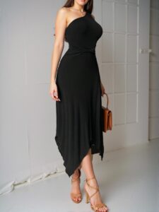 Elegant Black Twisted One Shoulder Sleeveless Asymmetrical Bodycon Dress for Casual Dates and Beach Holidays - Chic, Classy, and Trendy Fashion Style to Dress to Impress