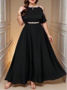 Elegant Black A-Line Dress with Gold Sequin Detail for Plus Size Women - Perfect for Weddings, Vacations, and Spring/Summer Events - Chic, Classy and Trendy Fashion Style to Dress to Impress