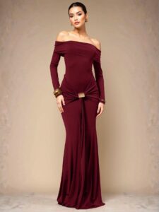 Elegant Burgundy Off Shoulder Long Sleeve Maxi Dress for Romantic Spring and Summer Weddings "Chic, Classy and Trendy Fashion Style to Dress to Impress"