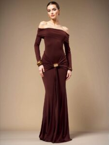 Elegant Coffee Ruched Off-Shoulder Long Sleeve Bodycon Maxi Gown for Formal Events and Celebrations - Chic, Classy and Trendy Fashion Style to Dress to Impress