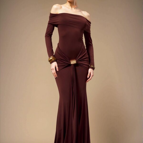 Elegant Coffee Ruched Off-Shoulder Long Sleeve Bodycon Maxi Gown for Formal Events and Celebrations - Chic, Classy and Trendy Fashion Style to Dress to Impress