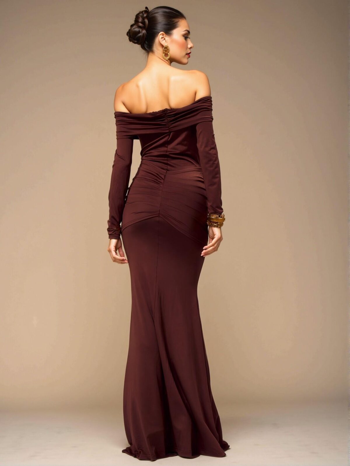 Elegant Coffee Ruched Off-Shoulder Long Sleeve Bodycon Maxi Gown for Formal Events and Celebrations - Chic, Classy and Trendy Fashion Style to Dress to Impress - Image 2