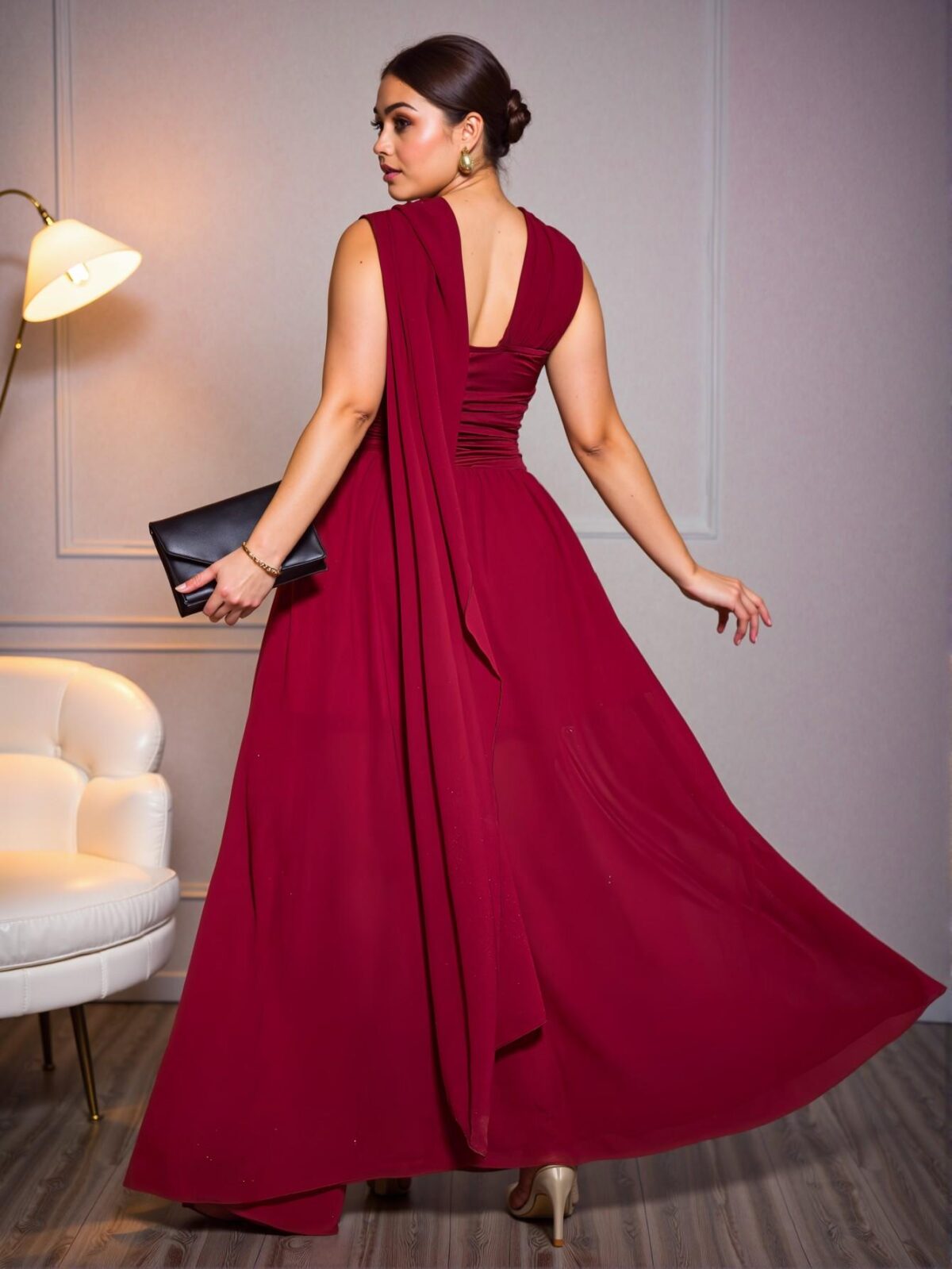 Elegant Burgundy Flowing Scarf-Collar Maxi Dress for Plus Size Women - Perfect for Easter Parties and Prom Nights | Chic, Classy and Trendy Fashion Style to Dress to Impress - Image 2
