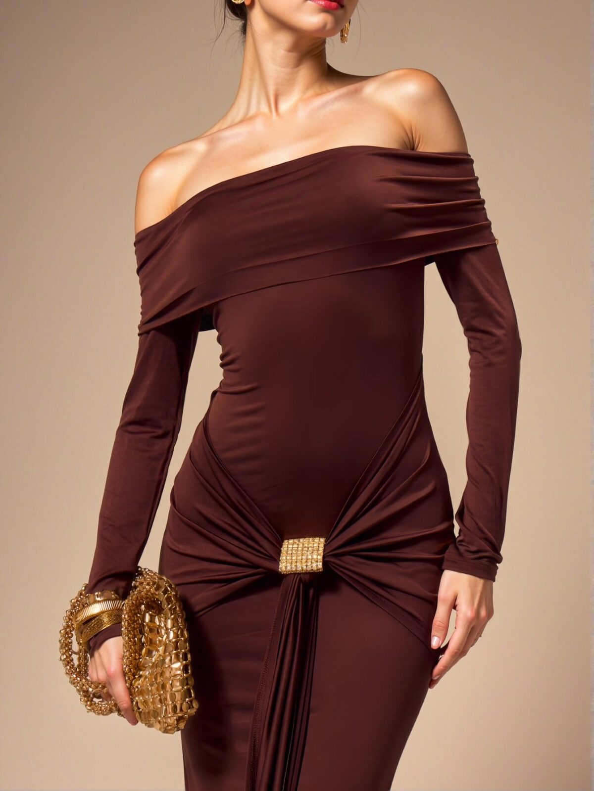 Elegant Coffee Ruched Off-Shoulder Long Sleeve Bodycon Maxi Gown for Formal Events and Celebrations - Chic, Classy and Trendy Fashion Style to Dress to Impress - Image 4