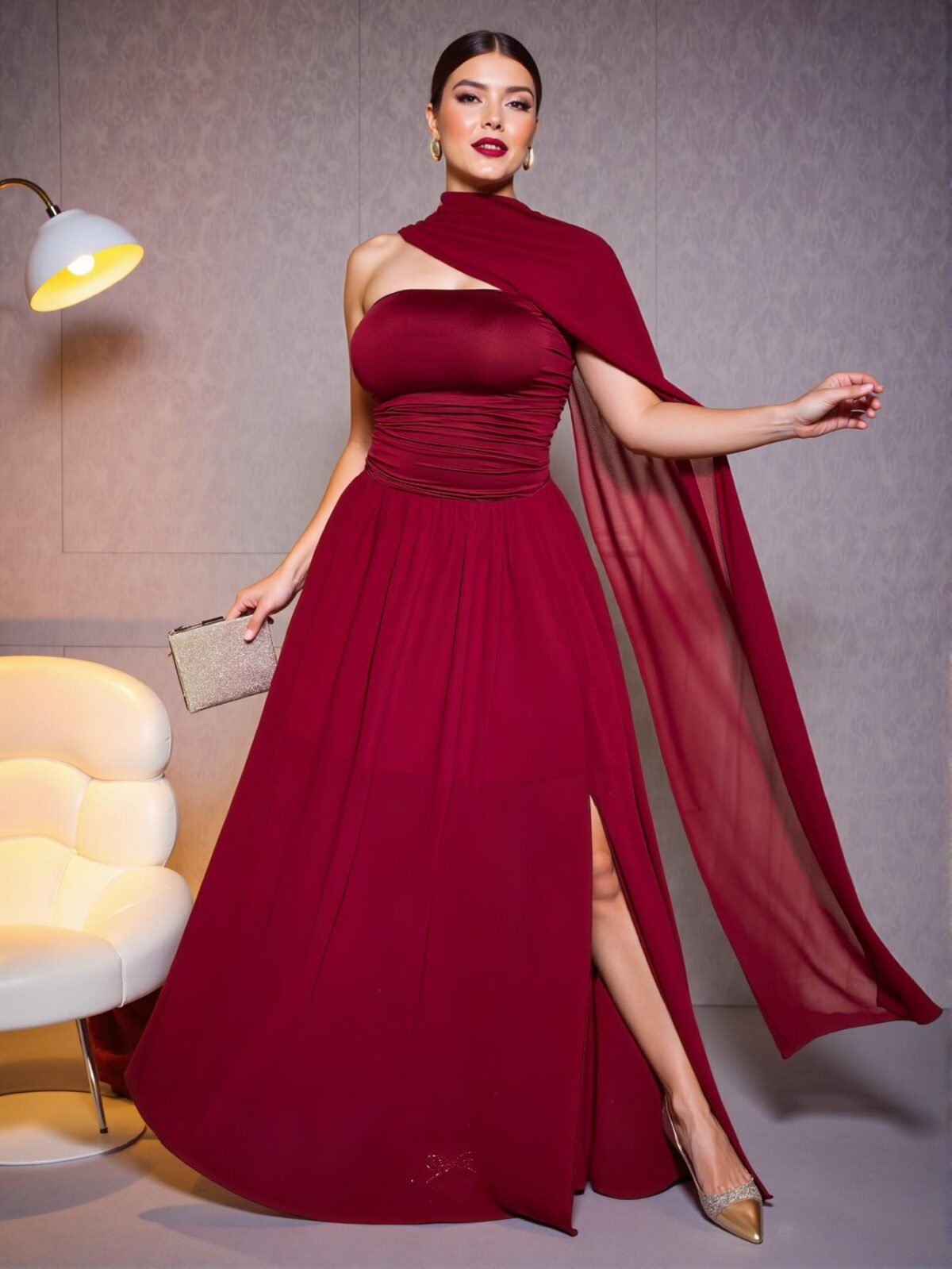 Elegant Burgundy Flowing Scarf-Collar Maxi Dress for Plus Size Women - Perfect for Easter Parties and Prom Nights | Chic, Classy and Trendy Fashion Style to Dress to Impress - Image 4