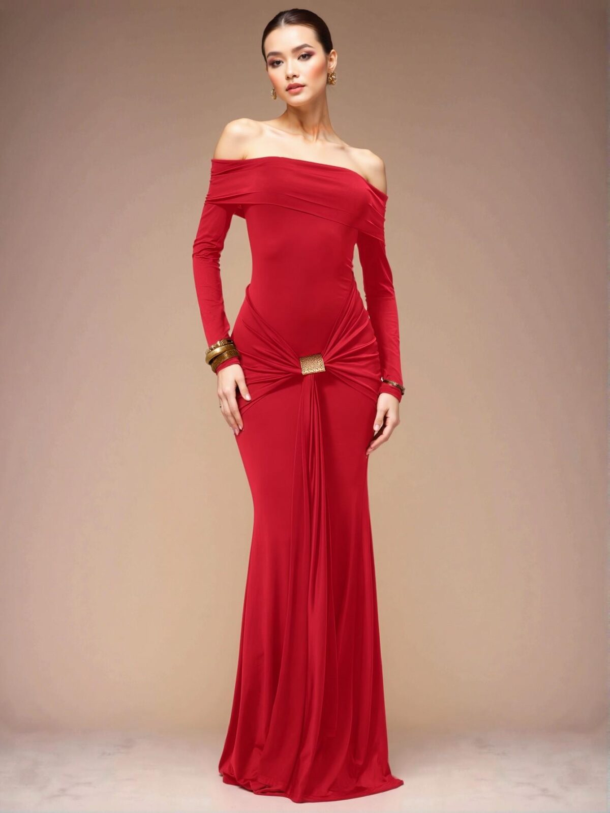 Elegant Red Off Shoulder Long Sleeve Maxi Dress for Formal Spring and Summer Events – Chic, Classy and Trendy Fashion Style to Dress to Impress