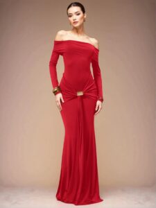 Elegant Red Off Shoulder Long Sleeve Maxi Dress for Formal Spring and Summer Events – Chic, Classy and Trendy Fashion Style to Dress to Impress