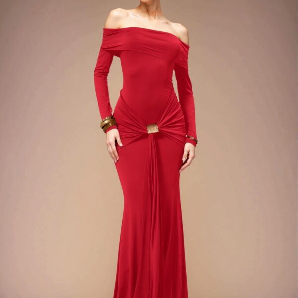 Elegant Red Off Shoulder Long Sleeve Maxi Dress for Formal Spring and Summer Events – Chic, Classy and Trendy Fashion Style to Dress to Impress