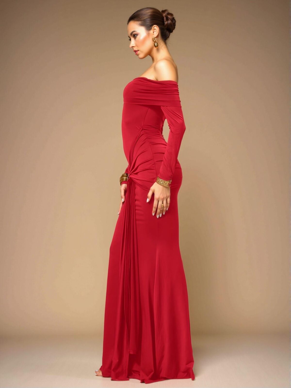 Elegant Red Off Shoulder Long Sleeve Maxi Dress for Formal Spring and Summer Events – Chic, Classy and Trendy Fashion Style to Dress to Impress - Image 3