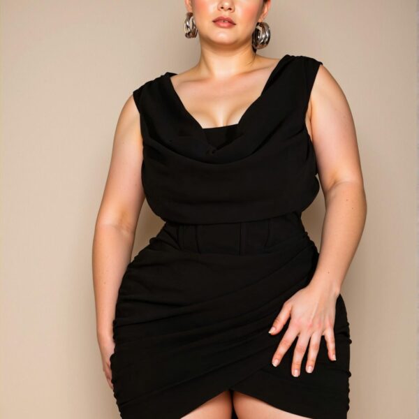 Elegant Black Cowl Neck Bodycon Mini Dress with Draped and Ruched Design for Parties and Celebrations - Chic, Classy and Trendy Fashion Style to Dress to Impress