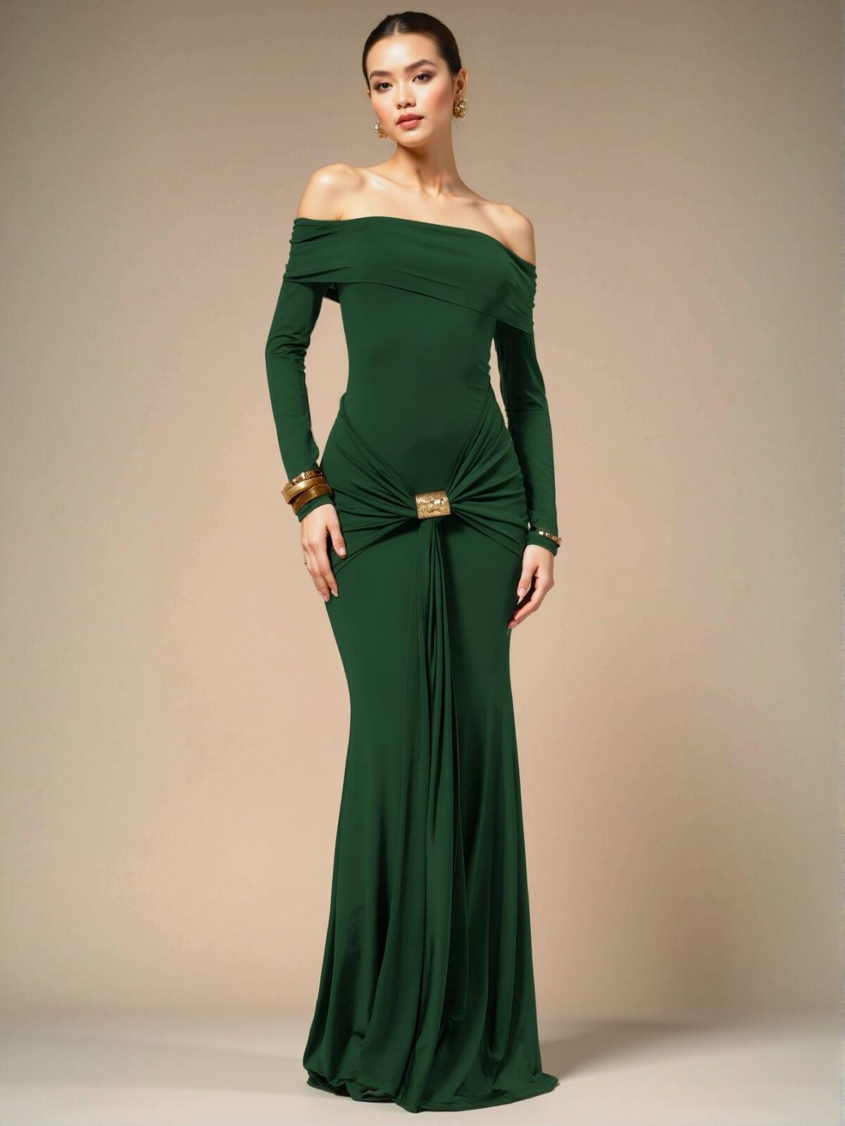 Elegant Dark Green Off Shoulder Long Sleeve Wrap Maxi Dress for Sophisticated Spring and Summer Events "Chic, Classy and Trendy Fashion Style to Dress to Impress"