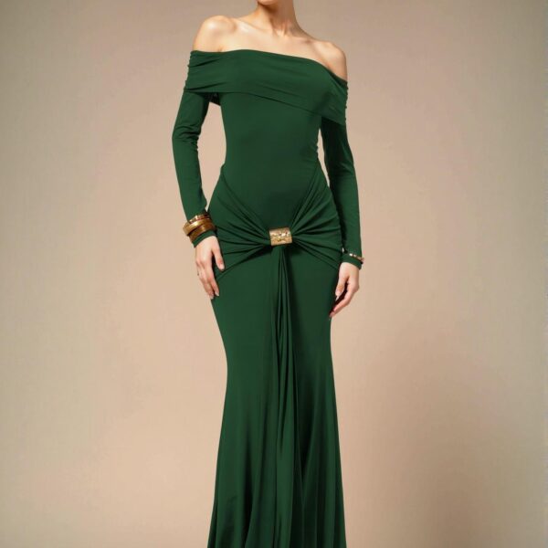 Elegant Dark Green Off Shoulder Long Sleeve Wrap Maxi Dress for Sophisticated Spring and Summer Events "Chic, Classy and Trendy Fashion Style to Dress to Impress"