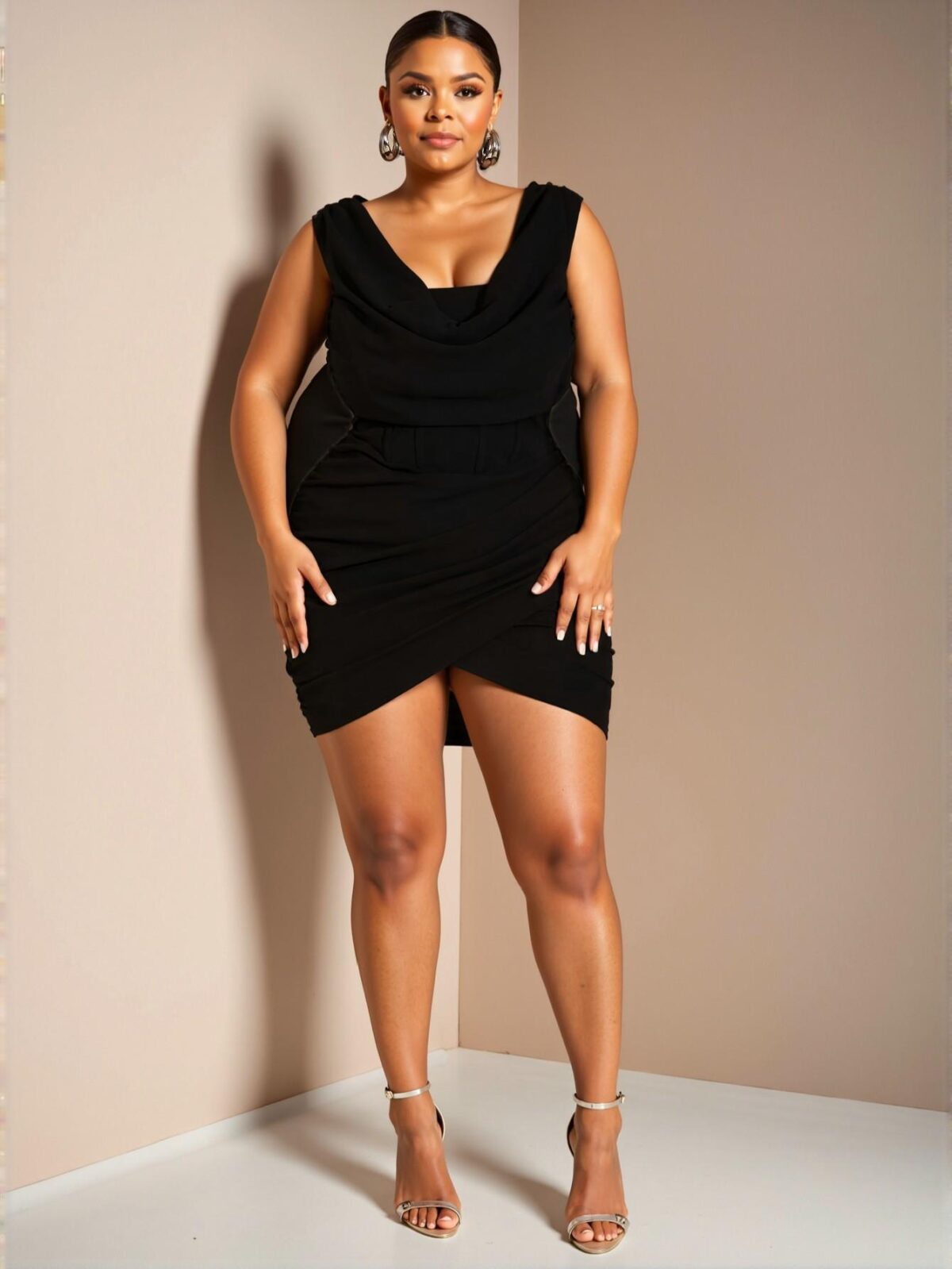 Elegant Black Cowl Neck Bodycon Mini Dress with Draped and Ruched Design for Parties and Celebrations - Chic, Classy and Trendy Fashion Style to Dress to Impress - Image 5