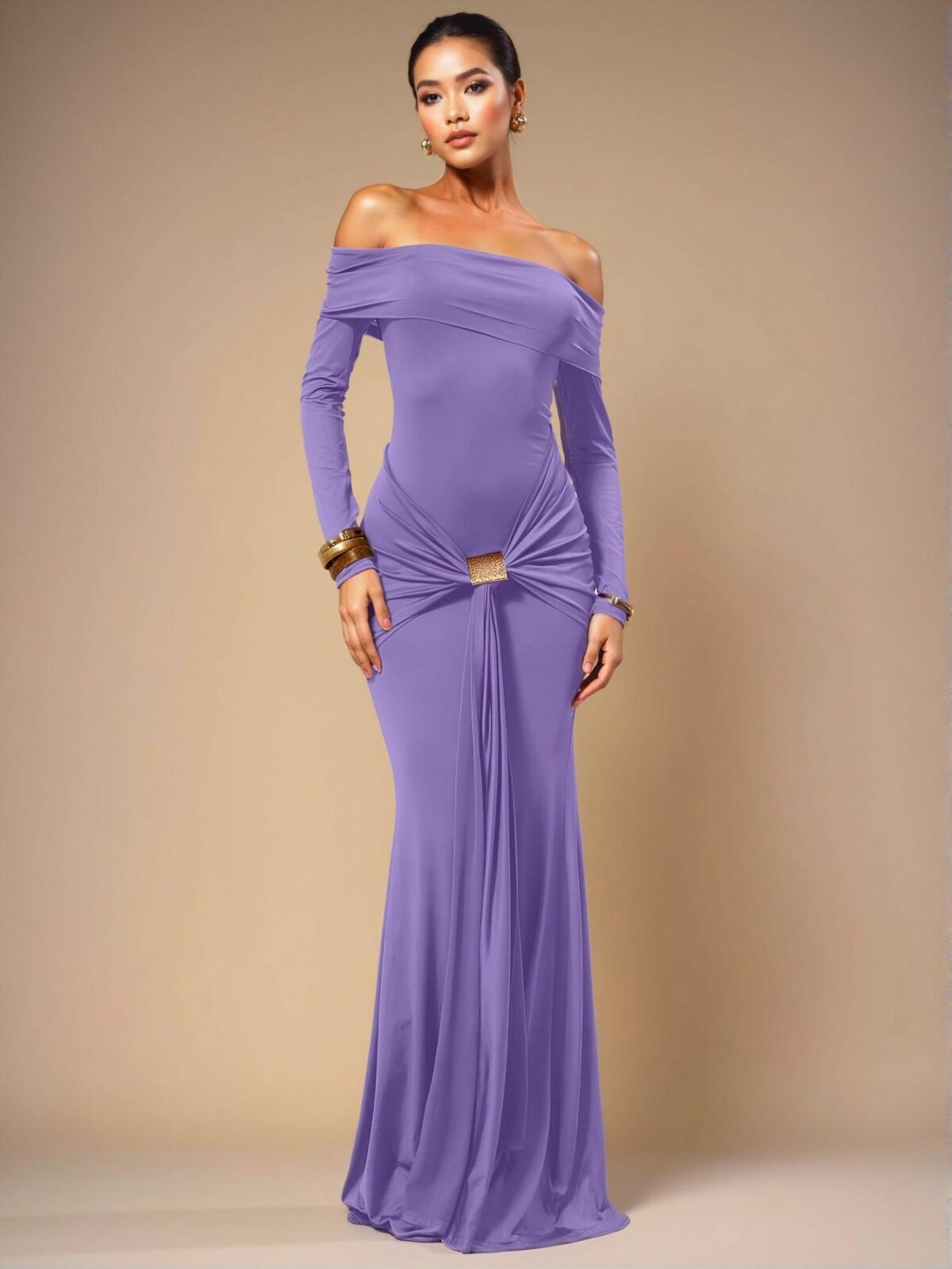 Elegant Lilac Purple Off Shoulder Long Sleeve Maxi Dress for Wedding Guests and Vacations - Chic, Classy and Trendy Fashion Style to Dress to Impress