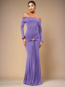 Elegant Lilac Purple Off Shoulder Long Sleeve Maxi Dress for Wedding Guests and Vacations - Chic, Classy and Trendy Fashion Style to Dress to Impress
