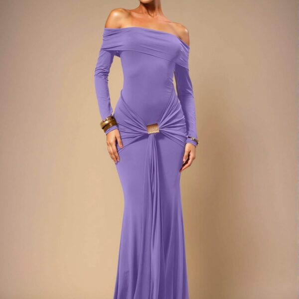 Elegant Lilac Purple Off Shoulder Long Sleeve Maxi Dress for Wedding Guests and Vacations - Chic, Classy and Trendy Fashion Style to Dress to Impress