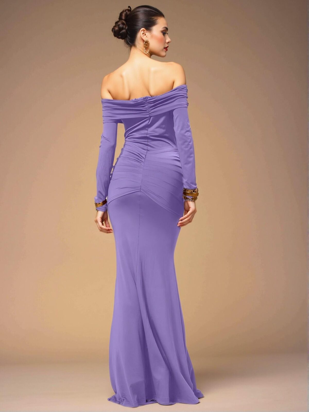 Elegant Lilac Purple Off Shoulder Long Sleeve Maxi Dress for Wedding Guests and Vacations - Chic, Classy and Trendy Fashion Style to Dress to Impress - Image 2